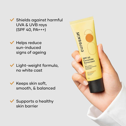 Cureskin SPF 40 Ceramide Sunscreen with Hyaluronic Acid & Ceramides | 2-in-1 Sunscreen Moisturizer, Broad Spectrum, SPF 40 & PA+++, 50 g (Pack of 1)