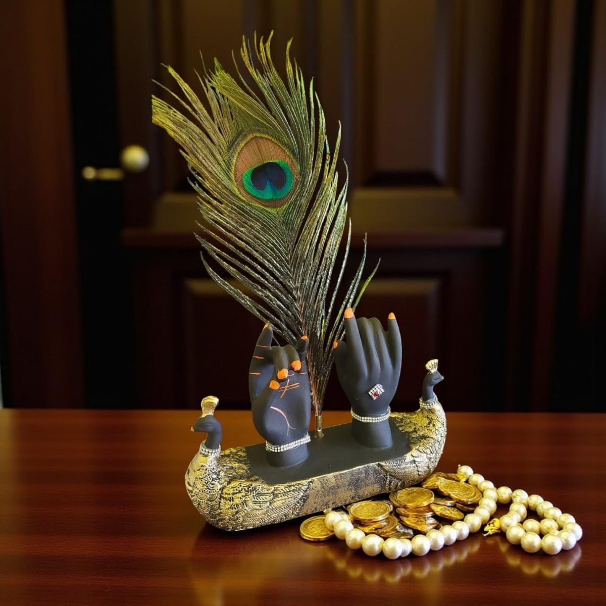 Handcrafted Krishna Ji Hands with Flute Figurine, Hindu Deity Sculpture with Peacock Feather, Home and Office Decor Showpiece