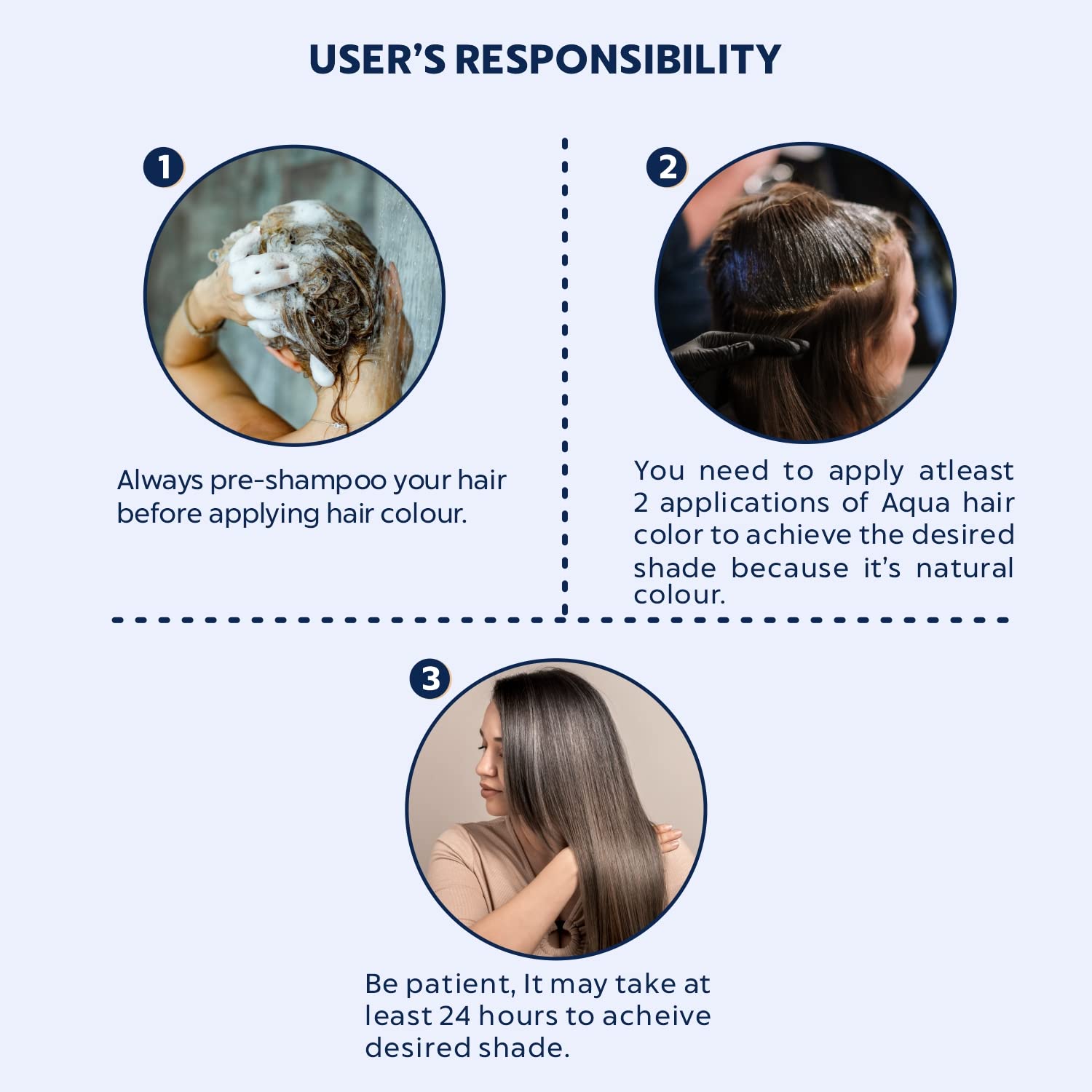 Instructions for applying hair color with images and text on a light blue background