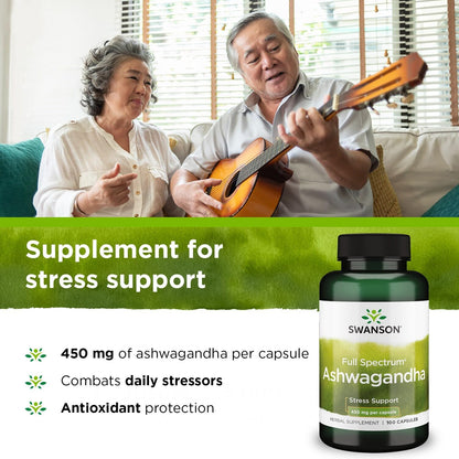 Two elderly people playing guitar together with a supplement bottle for stress support in the foreground.