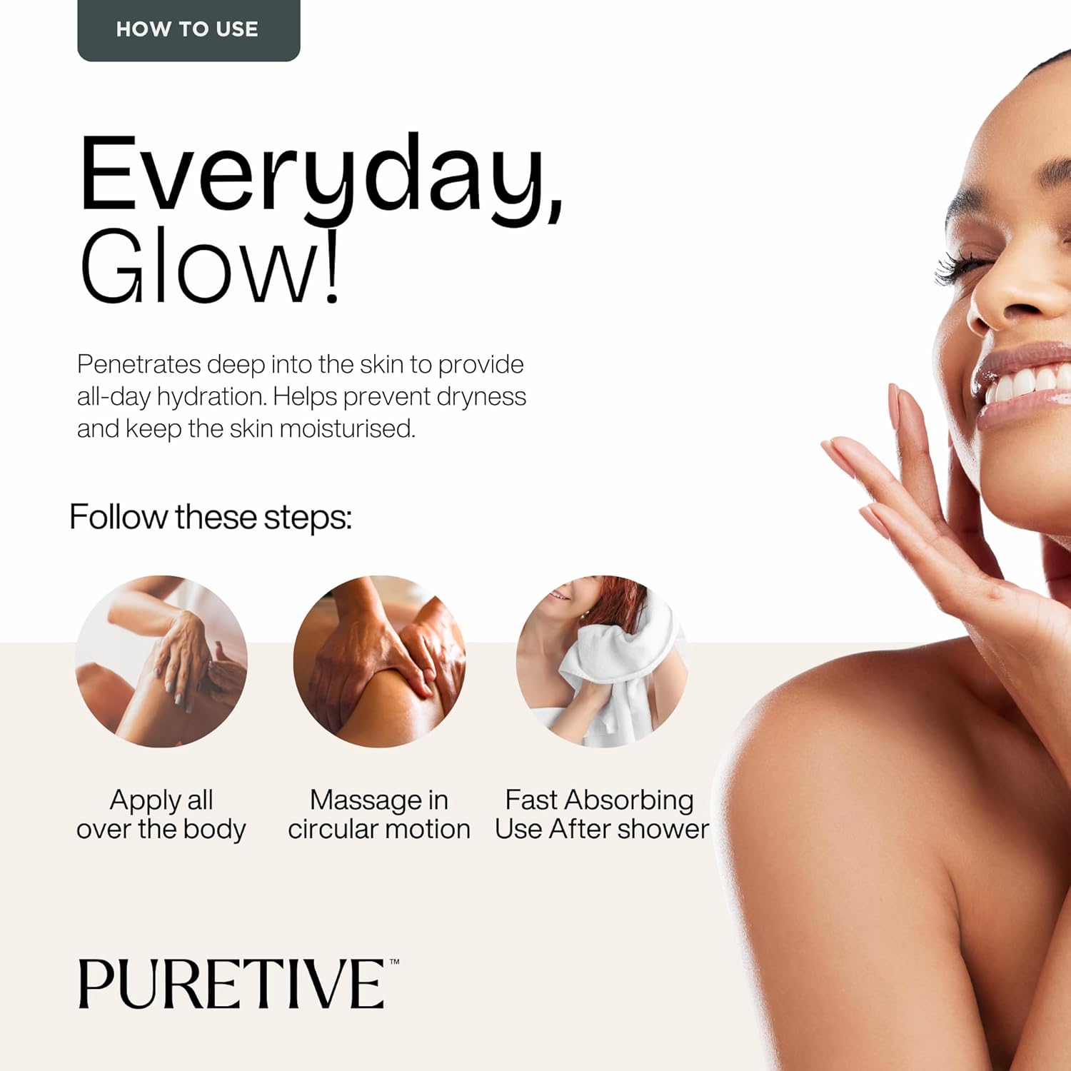Promotional graphic for Puretive skincare product with a woman applying cream and text on a white background.