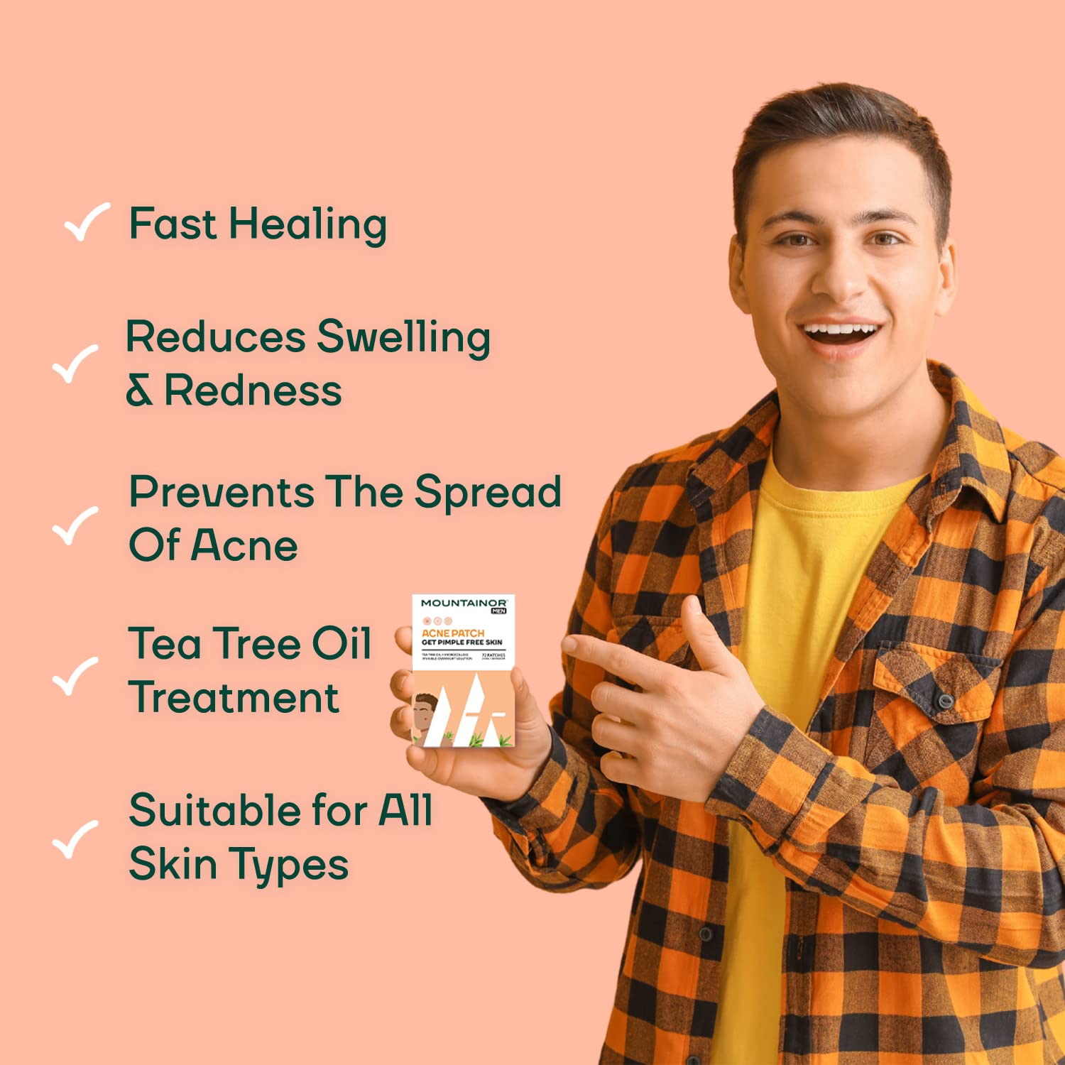 Person holding a product with text about its benefits on a pink background