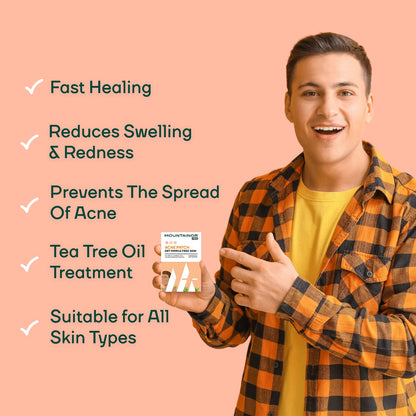 Person holding a product with text about its benefits on a pink background