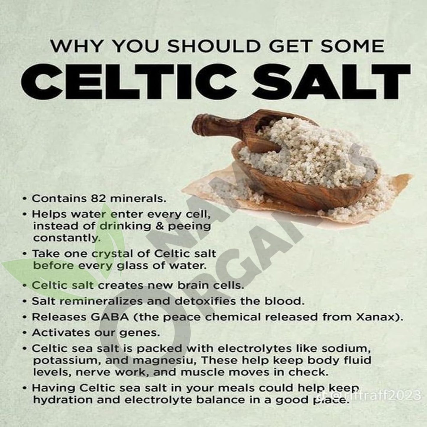 Advertisement for Celtic salt with a wooden scoop of salt on a light green background.