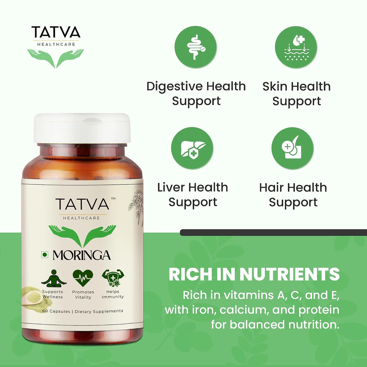 TATVA HEALTHCARE Organic Moringa Capsules 450mg | 60 Vegan Vegetarian Capsules | Moringa Oleifera Leaf Powder Supplement | Organic Drumstick Leaf Herbal Supplement | Daily Wellness