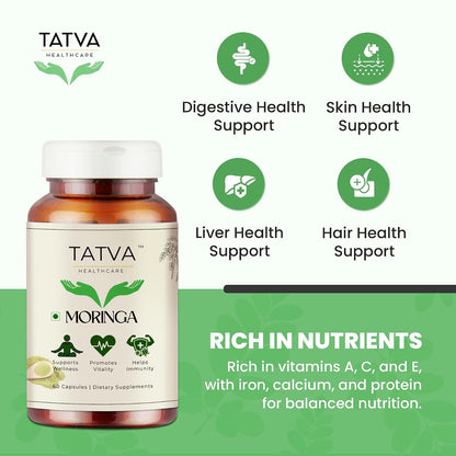 TATVA HEALTHCARE Organic Moringa Capsules 450mg | 60 Vegan Vegetarian Capsules | Moringa Oleifera Leaf Powder Supplement | Organic Drumstick Leaf Herbal Supplement | Daily Wellness