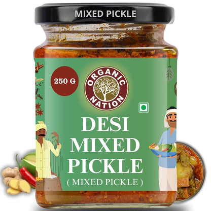 ORGANIC NATION Deliciously Tangy Mixed Pickle | Pickles with Fresh Ingredients | Authentic Mixed Vegetable Pickle | Traditional Indian Achaar| No Preservatives | 250g Jar | Vibrant Green