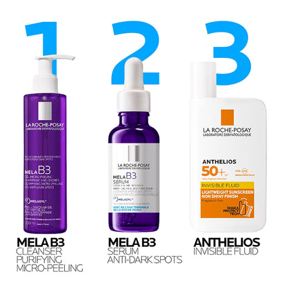 Three La Roche-Posay skincare products with labeled steps on a white background