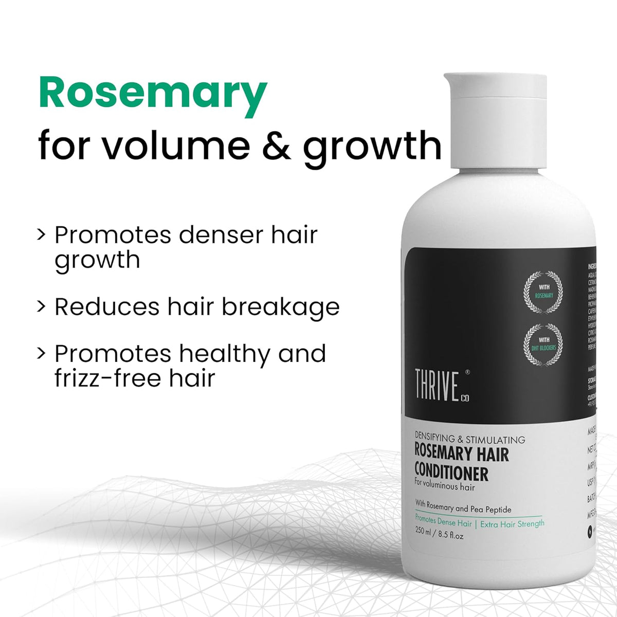 Thrive hair conditioner bottle with rosemary benefits text on a white background