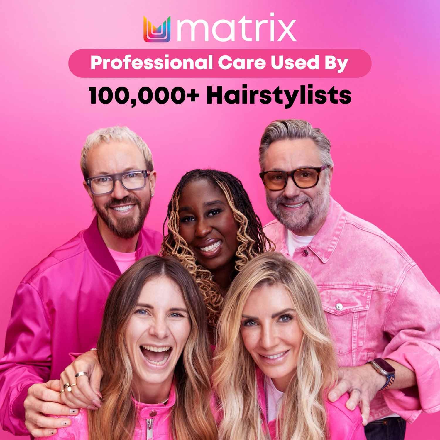 Group of people wearing pink outfits with Matrix branding on a pink background