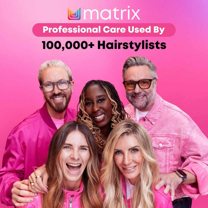 Group of people wearing pink outfits with Matrix branding on a pink background