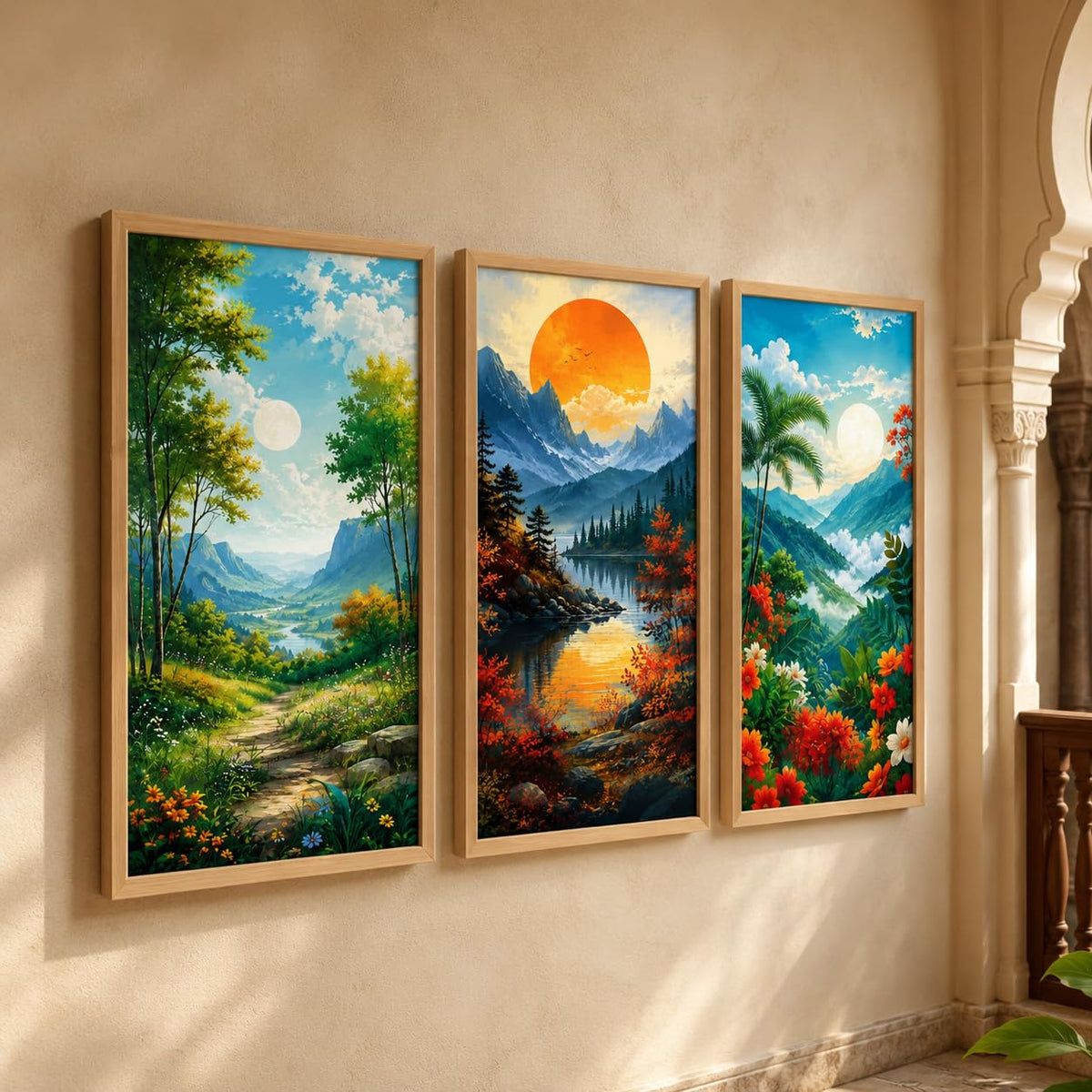 Set of 3 Mountain Valley Nature Wall Paintings with Sparkle Laminate, Premium Wooden Synthetic Frame, Sunrise Moon Landscape Art for Living Room Bedroom Decor