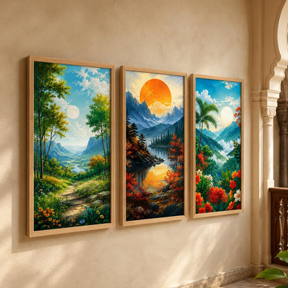 Set of 3 Mountain Valley Nature Wall Paintings with Sparkle Laminate, Premium Wooden Synthetic Frame, Sunrise Moon Landscape Art for Living Room Bedroom Decor