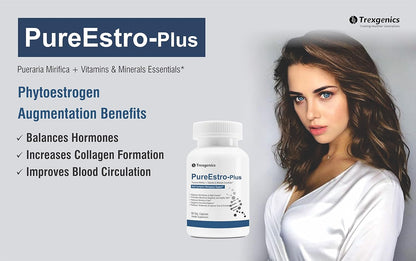 Advertisement for PureEstro-Plus supplement with a woman and product packaging on a light gray background.