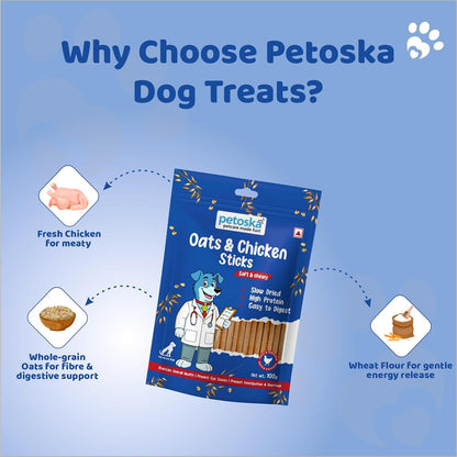 Petoska Chicken & Oats Dog Treats – 100 g Crunchy Chew Sticks for All Breeds, Digestive & Gut‑Friendly Snack, Protein‑Rich Natural Dog Jerky for Puppies & Adult Dogs