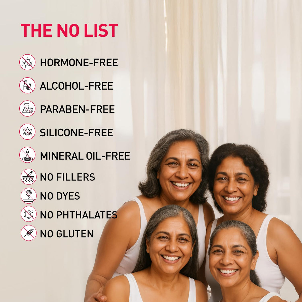 Four women smiling together with a 'The No List' text overlay on a white background