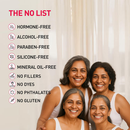 Four women smiling together with a 'The No List' text overlay on a white background