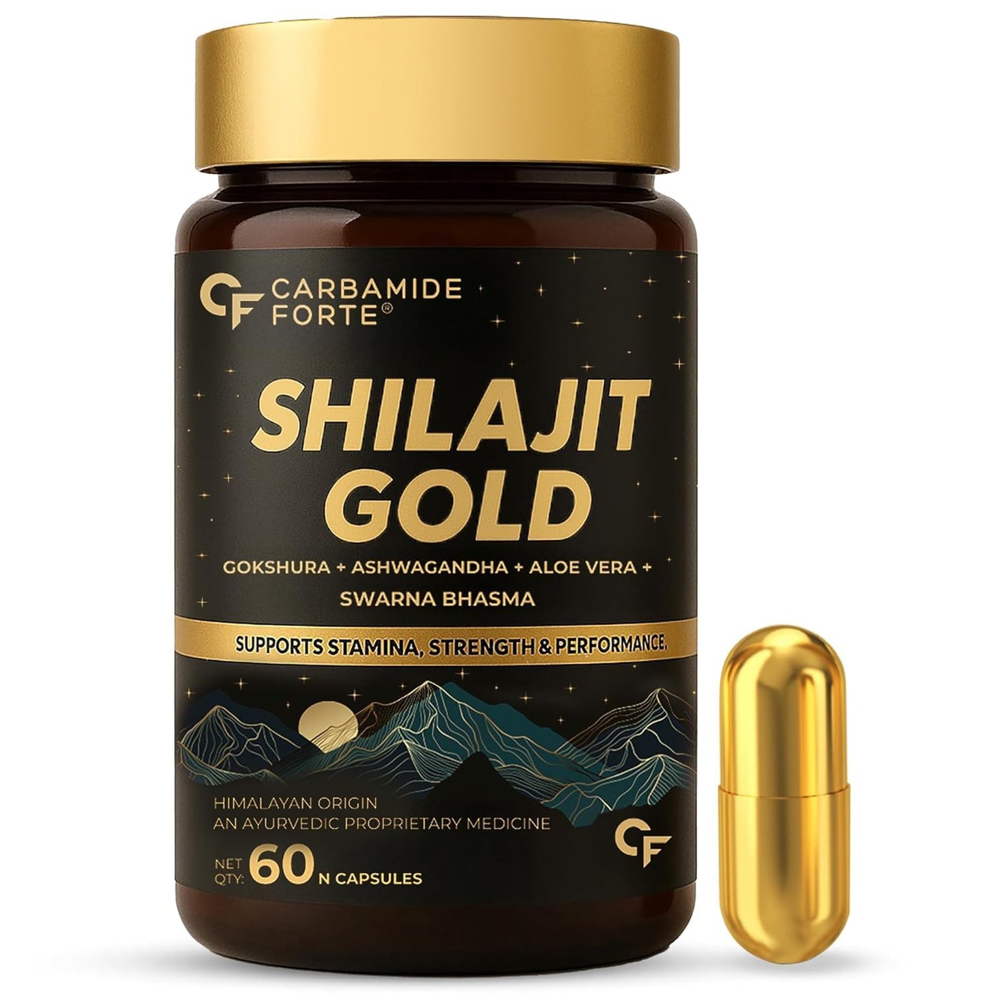 Shilajit Gold supplement bottle with gold capsule on a white background