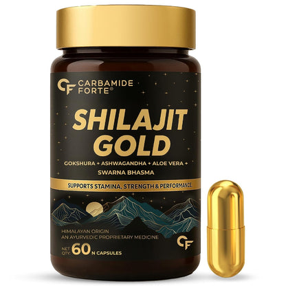 Shilajit Gold supplement bottle with gold capsule on a white background