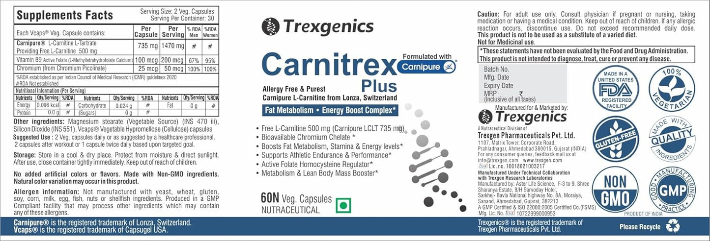 Trexgenics® CARNITREX PLUS -CARNIPURE (Lonza, Switzerland) L-Carnitine L-Tartrate 735mg,Chromium Picolinate 208 mcg and Active folate 200 mcg - Synergistic Fat Metabolism, Energy, Endurance & Performance Boost Advanced formula (60 Veg. Capsules) pack of 1