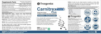 Trexgenics® CARNITREX PLUS -CARNIPURE (Lonza, Switzerland) L-Carnitine L-Tartrate 735mg,Chromium Picolinate 208 mcg and Active folate 200 mcg - Synergistic Fat Metabolism, Energy, Endurance & Performance Boost Advanced formula (60 Veg. Capsules) pack of 1