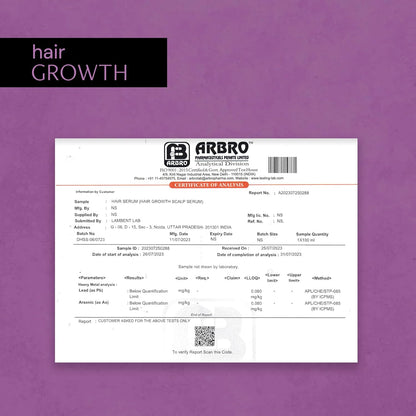 Lab report on hair growth with Arbro branding on a purple background
