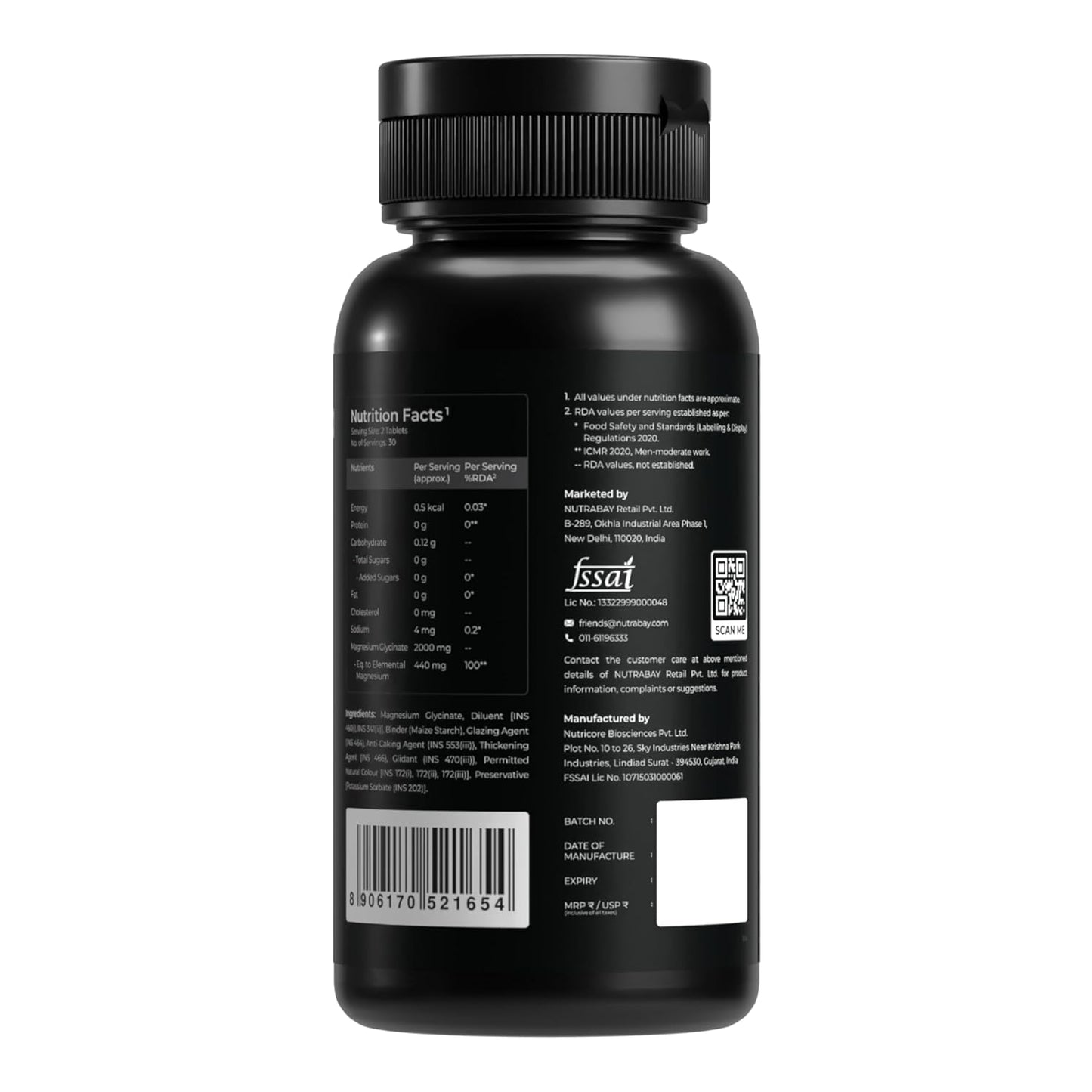 Black supplement bottle with label on a white background