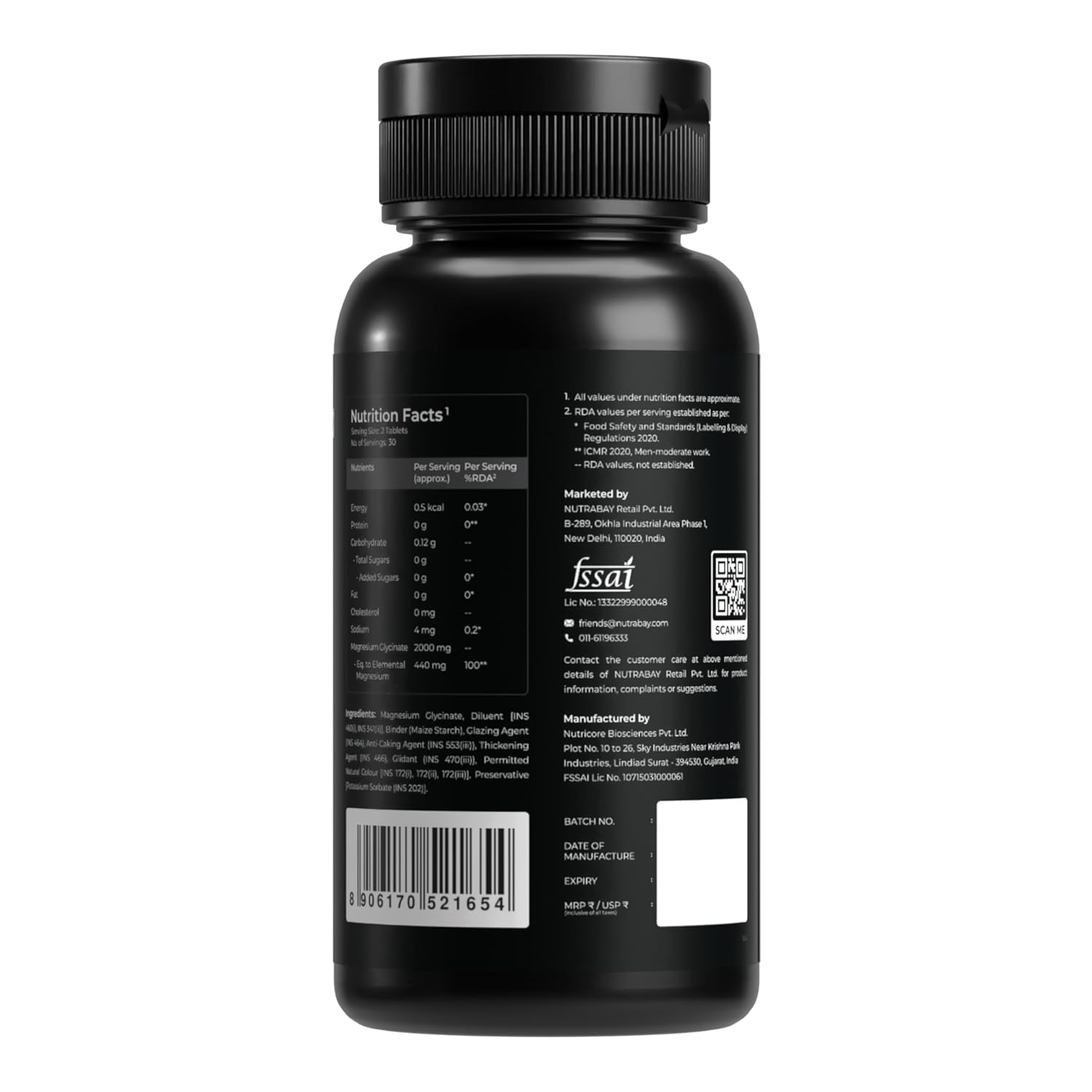 Black supplement bottle with label on a white background