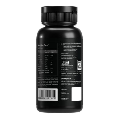 Black supplement bottle with label on a white background
