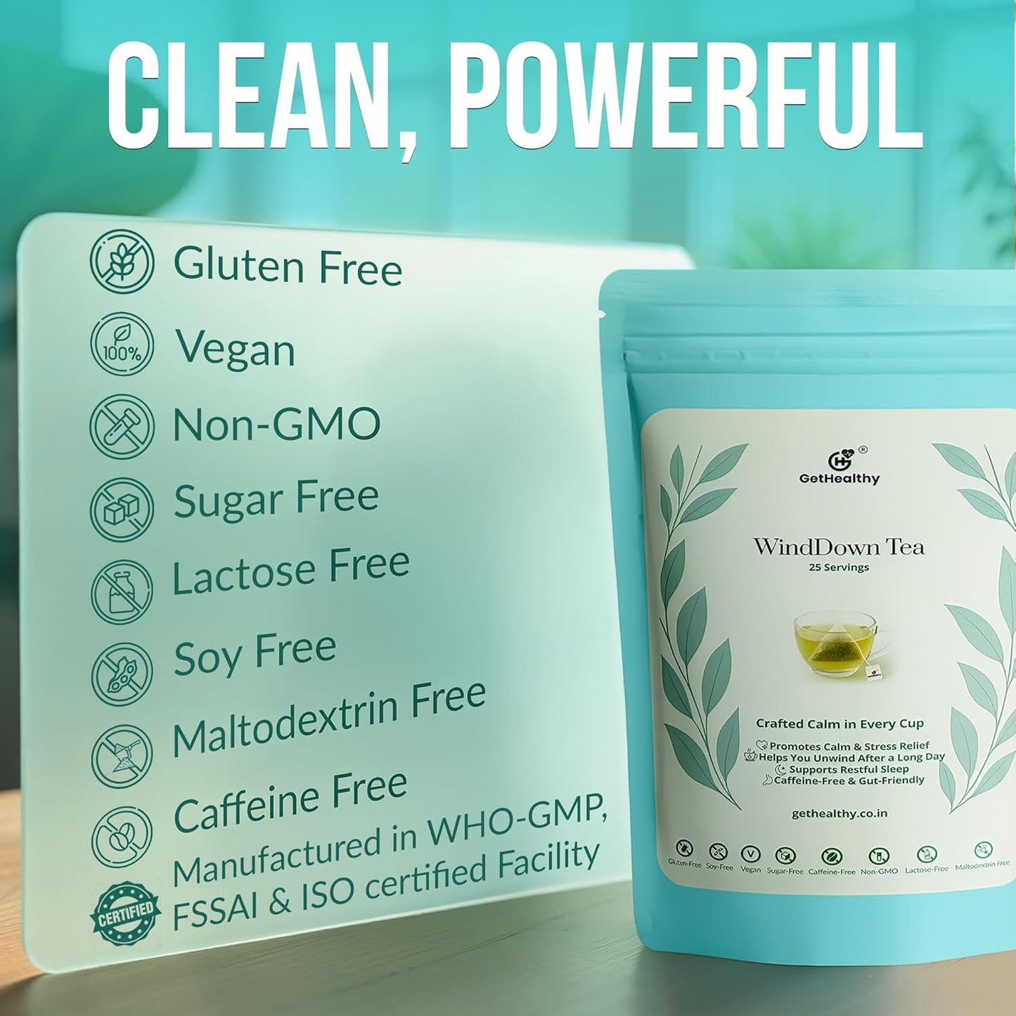 Tea package with health benefits listed on a green background