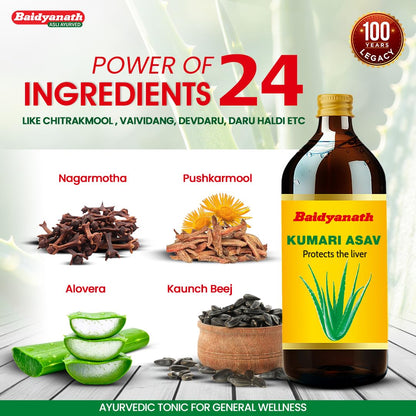 Baidyanath Kumari Asav | Ayurvedic Herbal Tonic for Liver & Digestive Balance | Aloe Vera & 39 Herbal Ingredients |450 ml