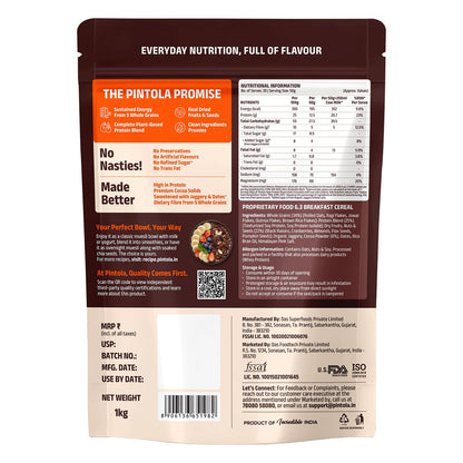 Pintola 25g High Protein Dark Chocolate & Cranberry Muesli 1kg, No Refined Sugar, Trans Fat Free, High Fibre, Gluten-Free, Breakfast Cereal