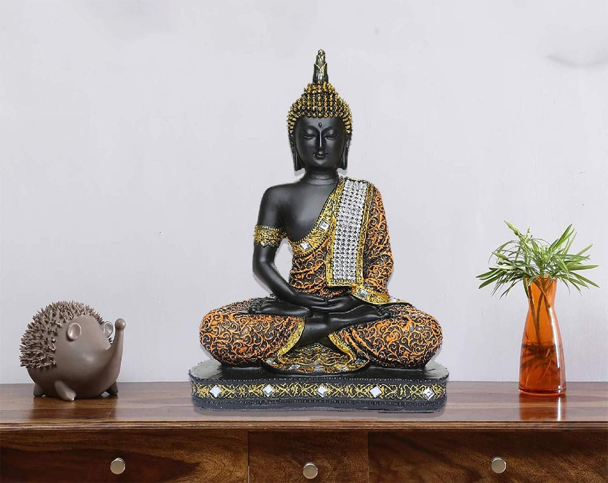 Meditating Buddha Statue ? Polyresin Sitting Buddha Idol for Car Dashboard Home Decor, Pooja Room, Office Desk & Spiritual Gifts ? Peaceful Showpiece for Positive Energy Orange
