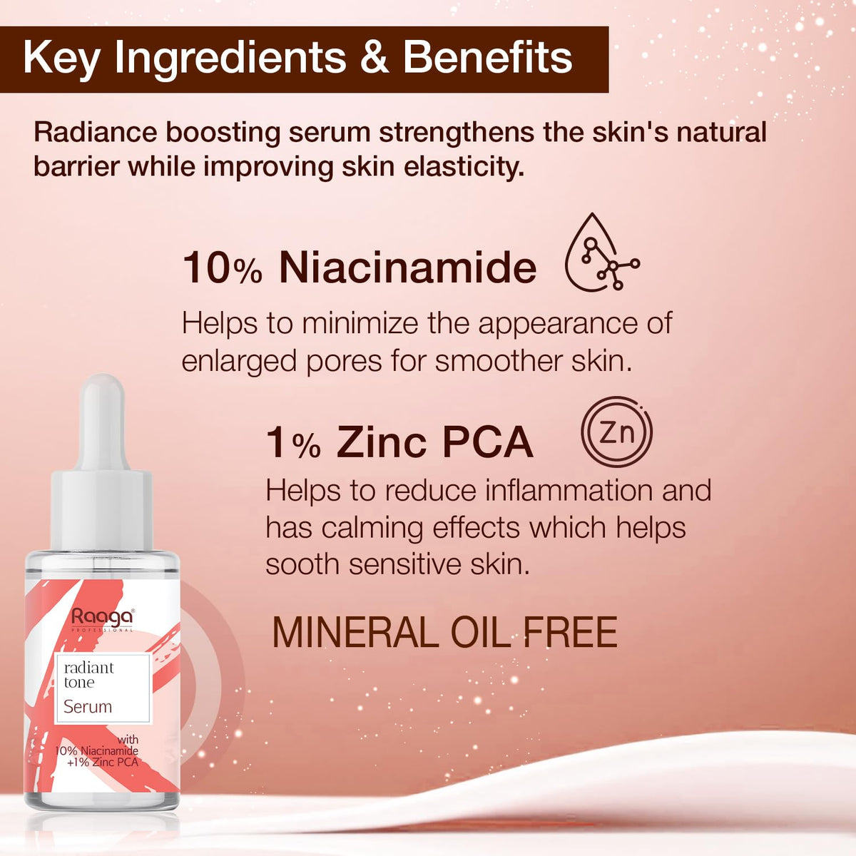 Radiance boosting serum with key ingredients and benefits on a pink background