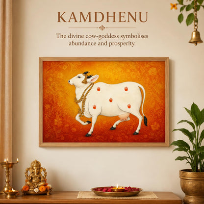Kamdhenu Cow Vastu Wall Painting for Living Room Bedroom Hall Office Decor, Hindu Spiritual Religious Artwork, Premium Wooden Synthetic Frame (13.5 x 19.5 Inch) NM01-V-175