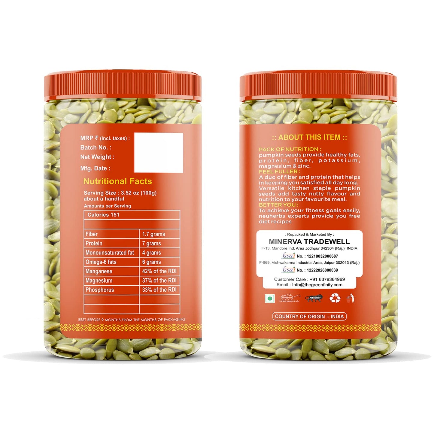 GreenFinity Raw Pumpkin & Sunflower Seeds | Pack of 2 × 250g (500g) | High Protein & Fibre | Unsalted, Healthy Ready-to-Eat Super Seeds | Fresh Jar Pack