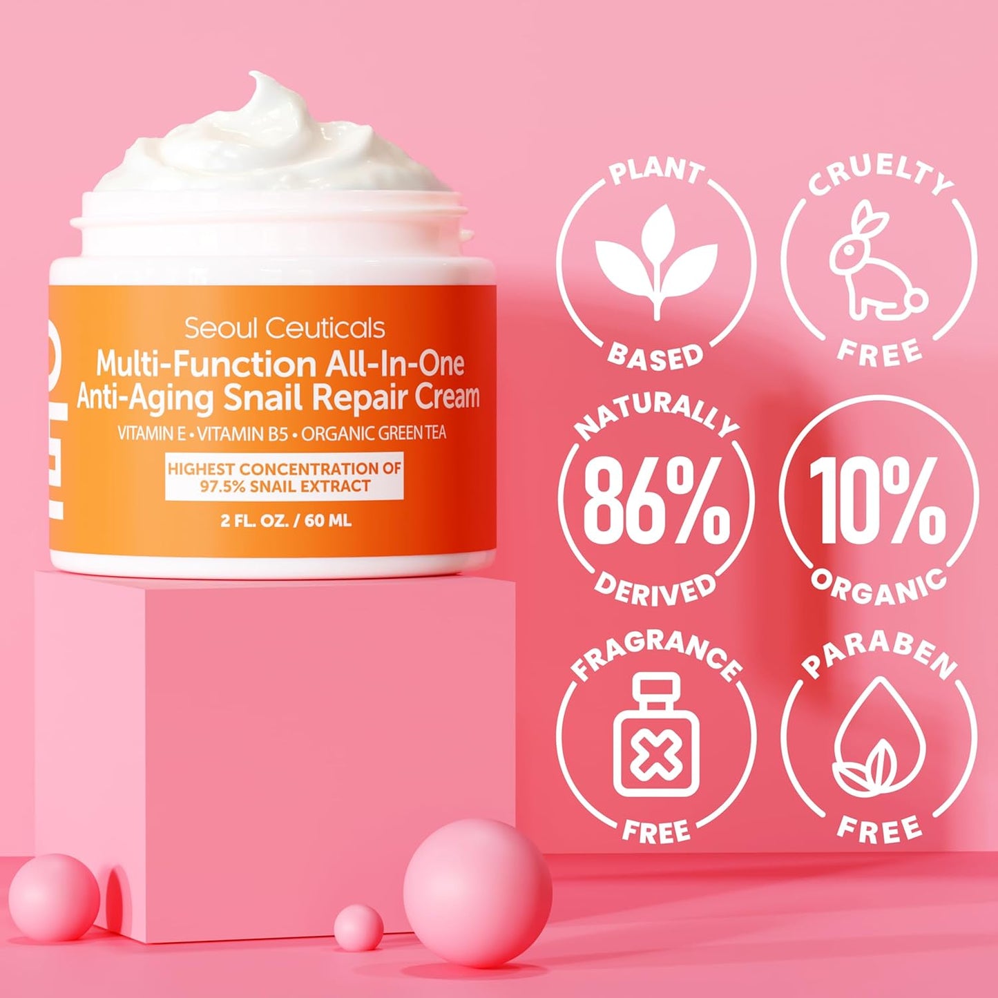 SeoulCeuticals 97.5% Snail Mucin Moisturizer for Face | 60ml Korean Skin Care Snail Mucin Cream with Aloe, Shea Butter & Jojoba | Lightweight, Non-Comedogenic Daily Repair Night Cream