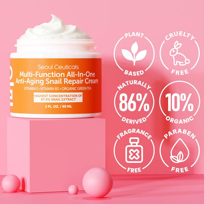 SeoulCeuticals 97.5% Snail Mucin Moisturizer for Face | 60ml Korean Skin Care Snail Mucin Cream with Aloe, Shea Butter & Jojoba | Lightweight, Non-Comedogenic Daily Repair Night Cream