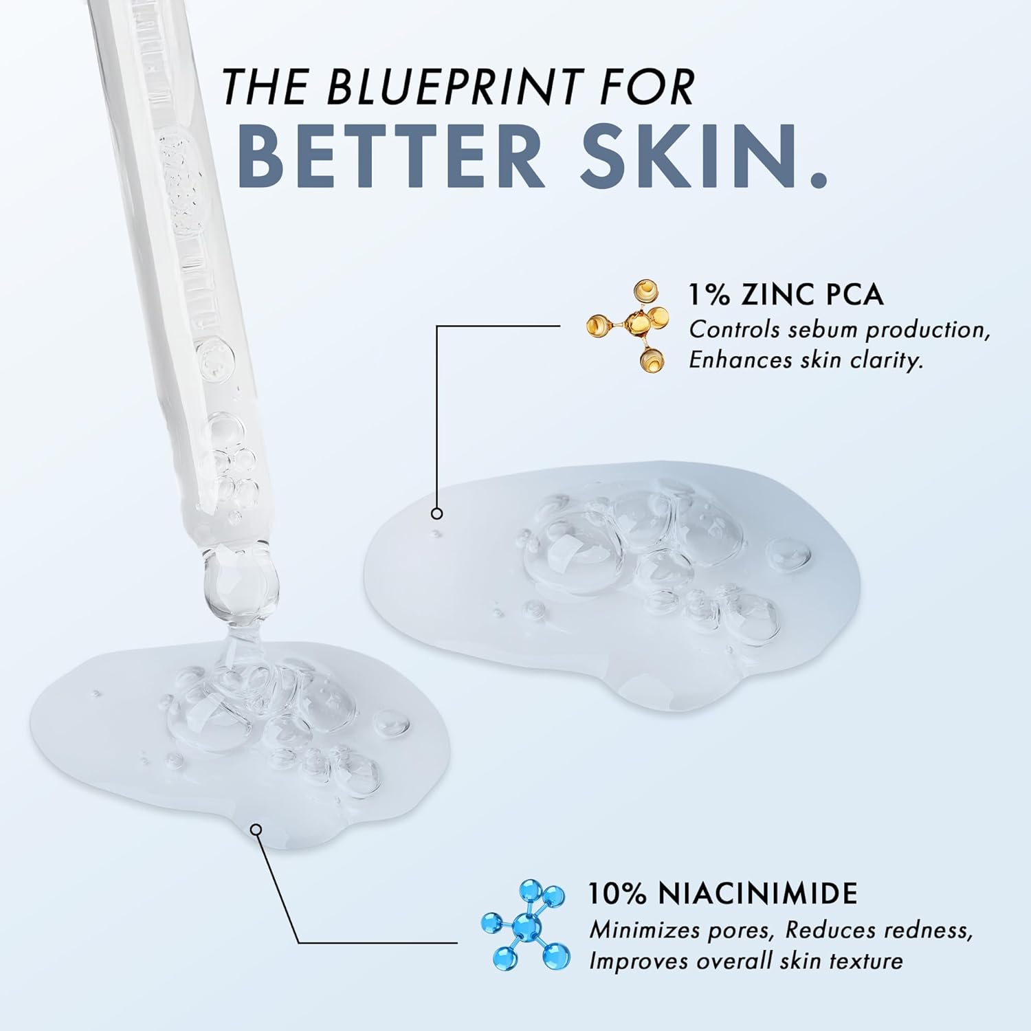 Diagram of skincare product with zinc PCA and niacinamide benefits on a light blue background