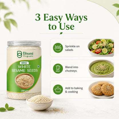 Bhumi Organic Raw White Sesame Seeds 500gm | 100% Clean and Natural White Til, Safed Til Seeds for Eating, Non-GMO, Antioxidant Rich