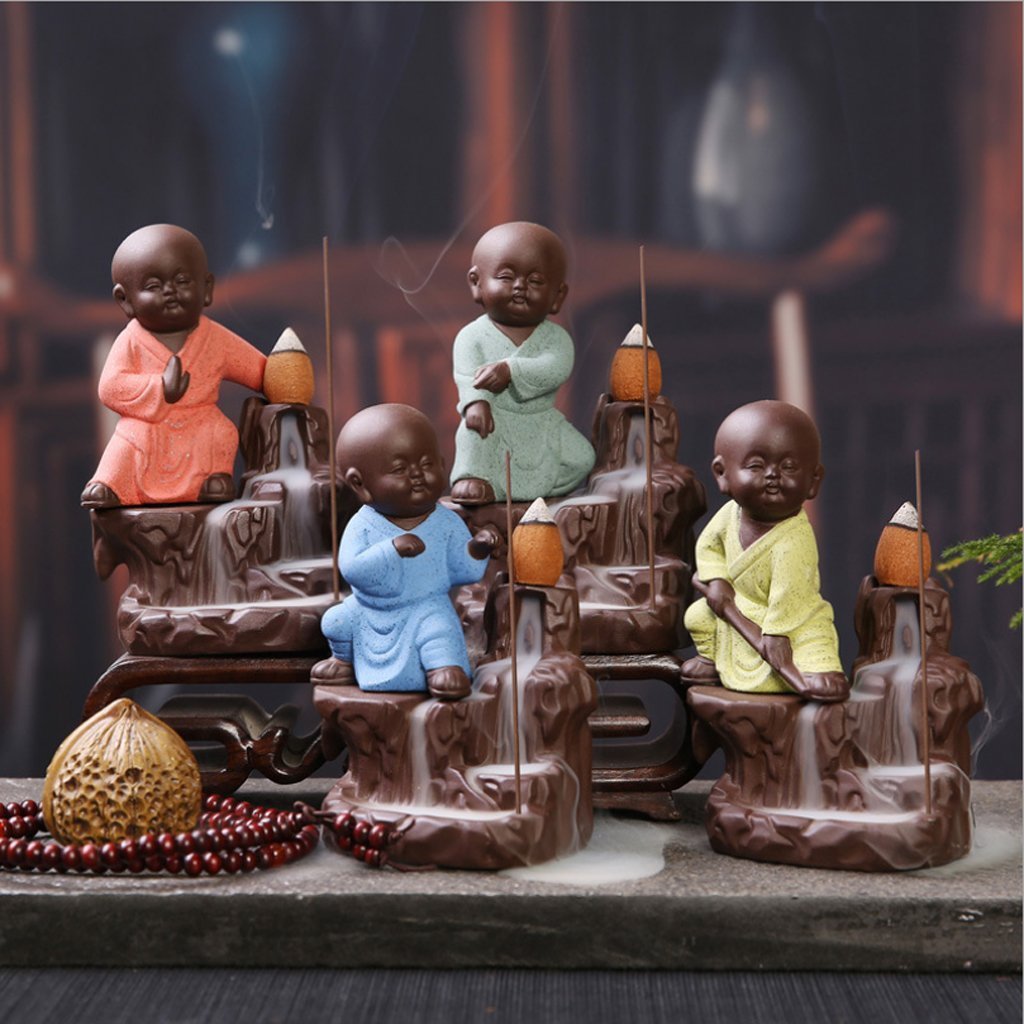 eCraftIndia Karate Style Monk Buddha Smoke Backflow Cone Decorative Incense Holder (7 cm x 7 cm x 12, Yellow)