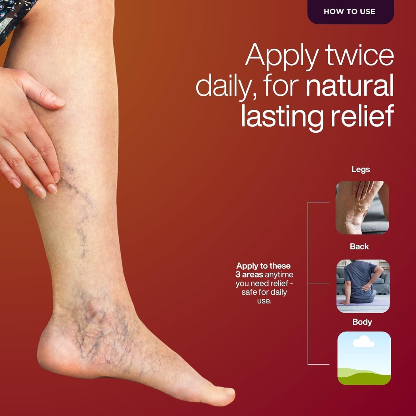 Advertisement for a skincare product showing a leg with visible veins and instructions on application.