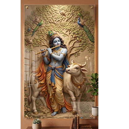 Krishna with Cow Acrylic Wall Painting for Living Room | 4MM Acrylic Glass Wall Decor | Vastu Krishna Canvas Art for Home Decoration, Bedroom, Office Wall Decoration | Spiritual Tree of Life Painting (12x23 inch)