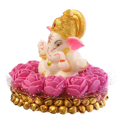 Lord Ganesha Idol on Decorative Handcrafted Plate with Pink Flowers