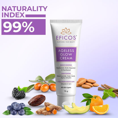 Ageless Glow Cream 3-in-1 Moisturizing, Brightening & Collagen Boosting Face Cream with Hyaluronic Acid, Kojic Acid, Vitamin C & E For All Skin Types 75g
