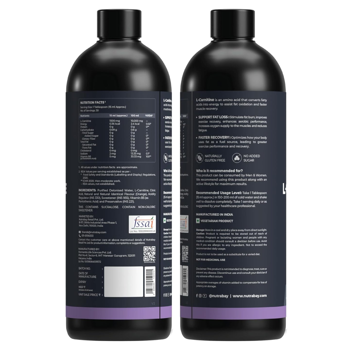 Two black bottles with labels on a white background