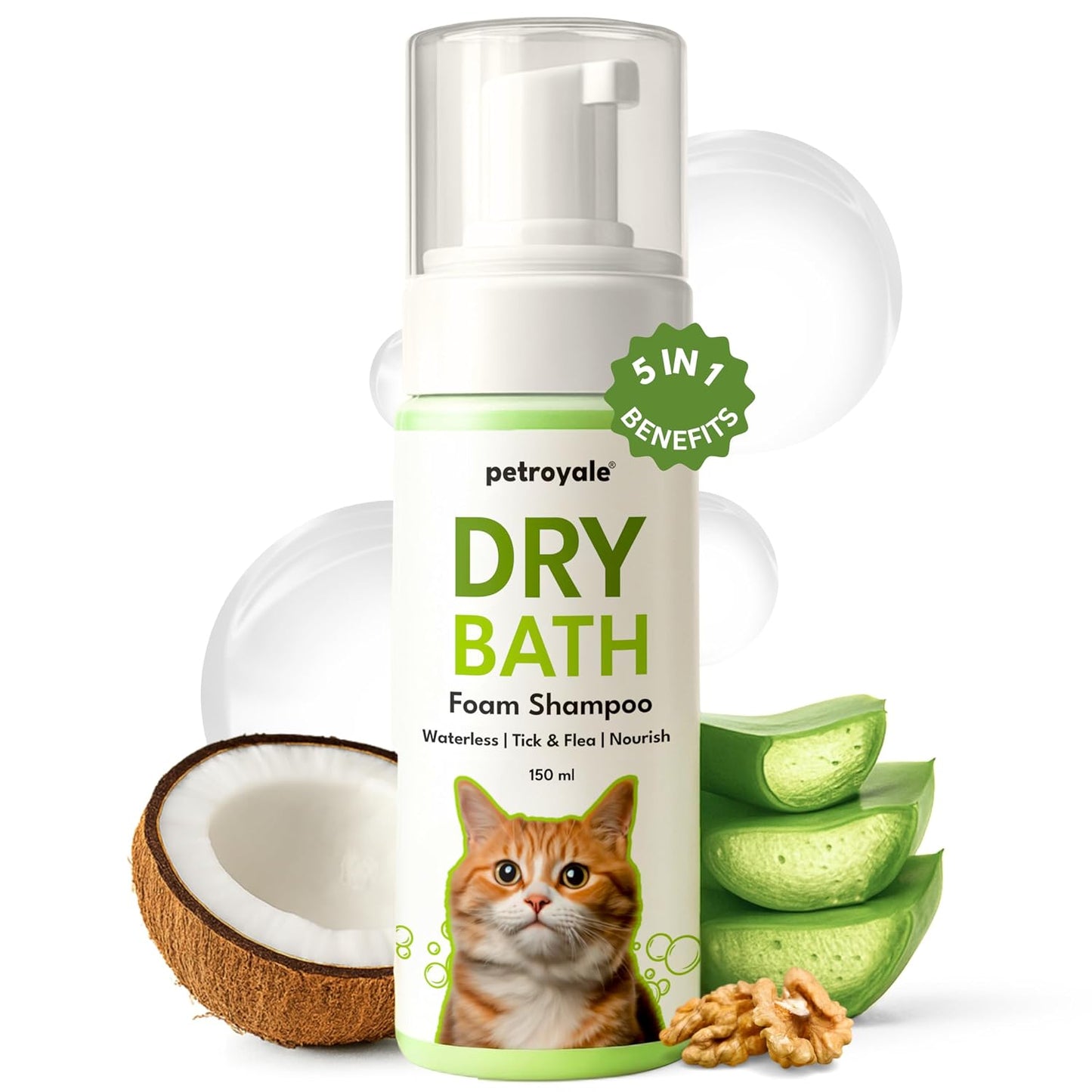 Petroyale Dry Bath Foam Shampoo for Cats - Dry Shampoo for Cats - Tick, Flea & Itch Relief - Dentangling Foam Shampoos for Quick Bath | 150ml