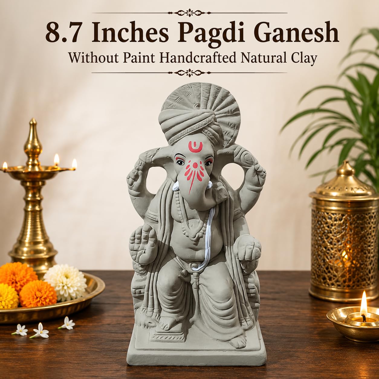KSI 8.7inch Natural Clay Ganesh Murti | Handmade Mitti Ganpati Idol for Ganesh Chaturthi | Eco-Friendly Ganesha Idol for Home Decoration, Puja & Visarjan