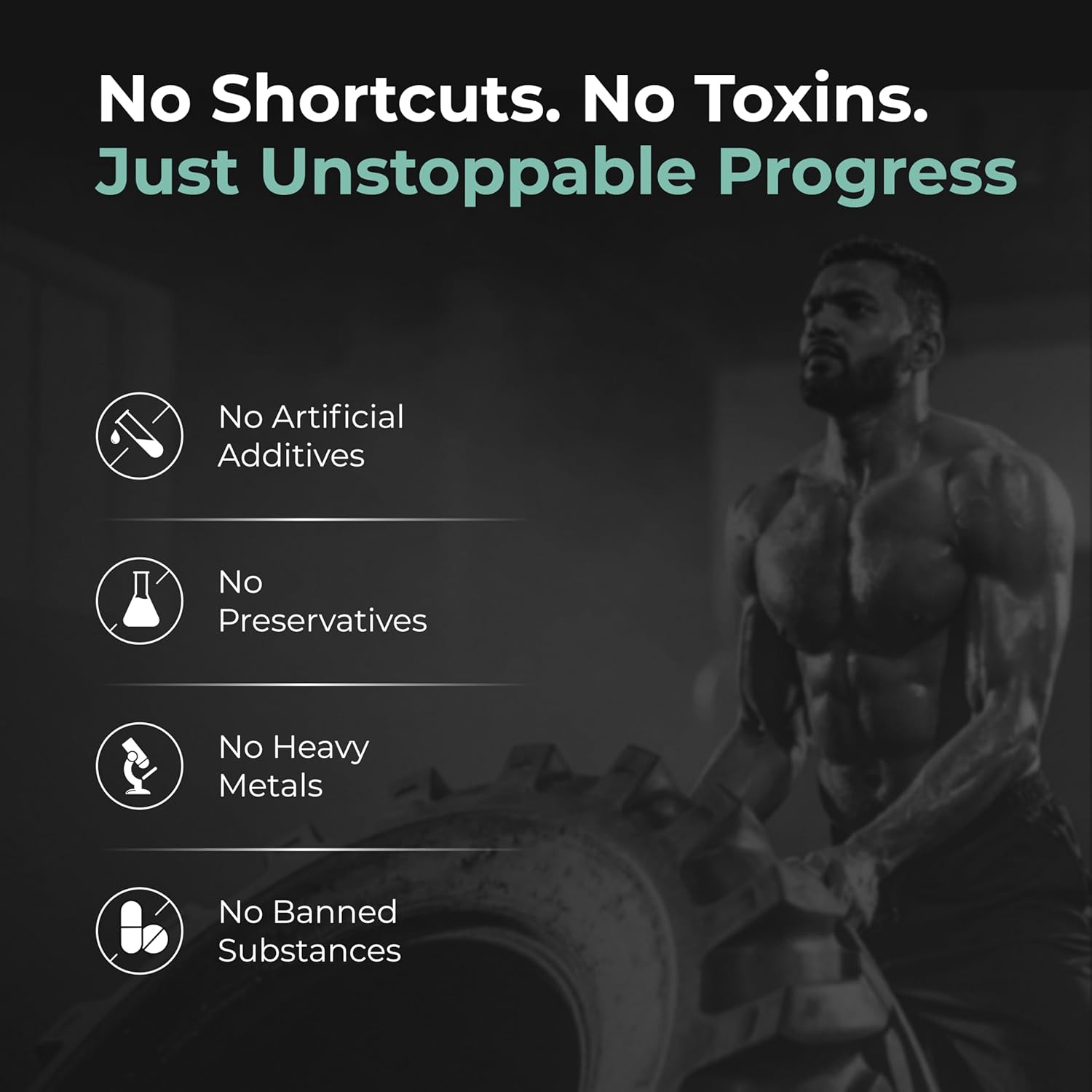 Muscular man lifting weights with fitness brand message on a dark background