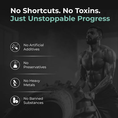 Muscular man lifting weights with fitness brand message on a dark background